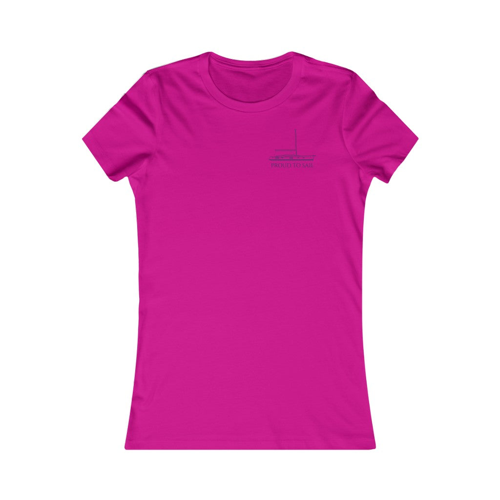 Sailing gear - Womens pink T-shirt with Jeanneai proud to sail thin blue design