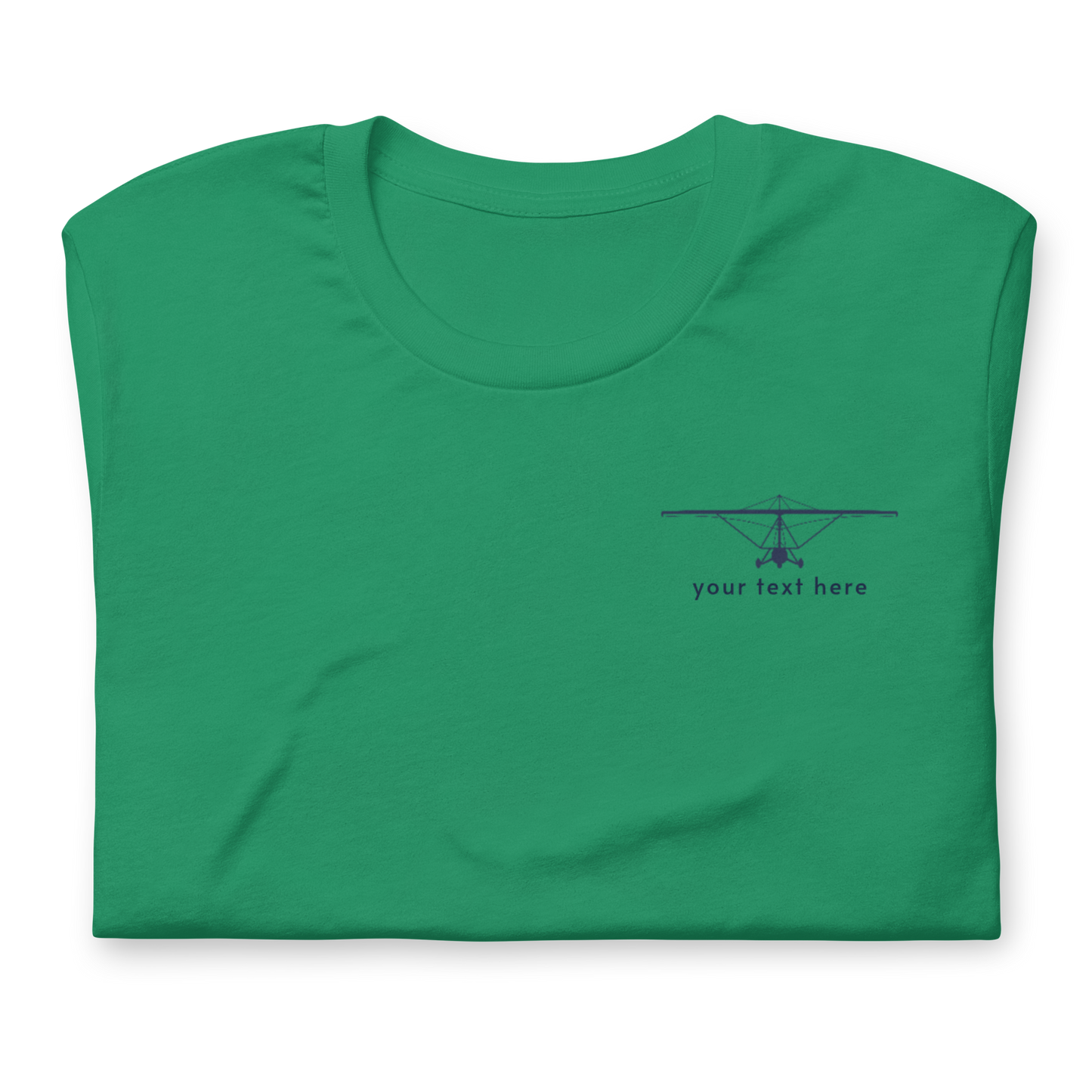 Pilot Shirts: Navy blue customizable weight shift aircraft design placed on the left breast of a Kelly green t-shirt.