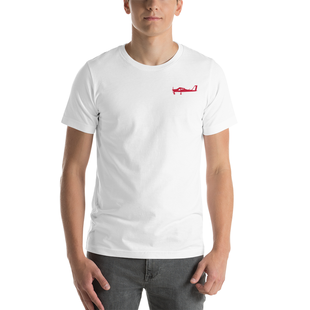 Red Tecnam P92 aircraft printed design placed on the left breast of a white t- shirt.