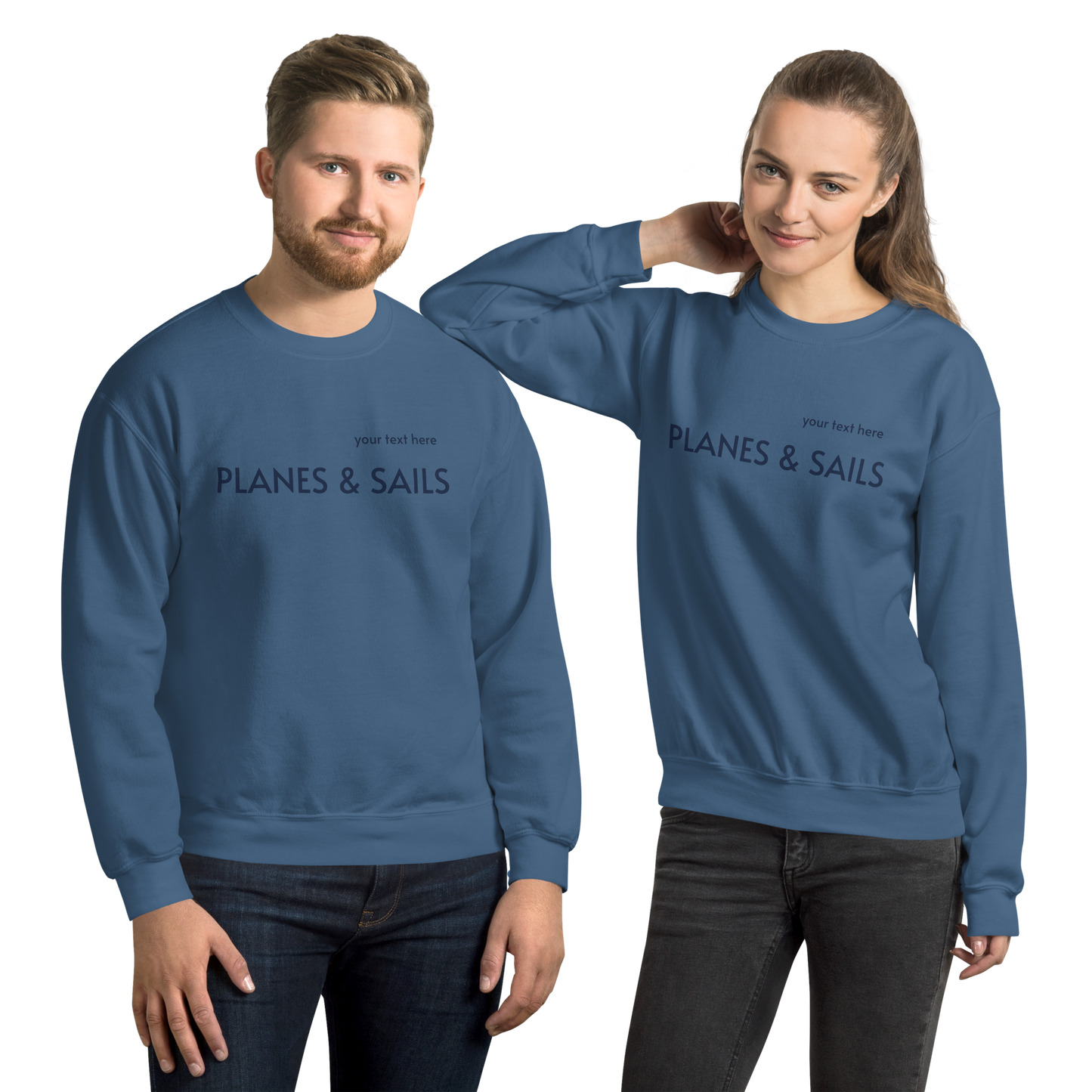 Pilots & Mariners Casual Wear: Navy Blue lettering of Planes & Sails across the indigo blue sweatshirts' front with a small space above to customize it with one's own name.