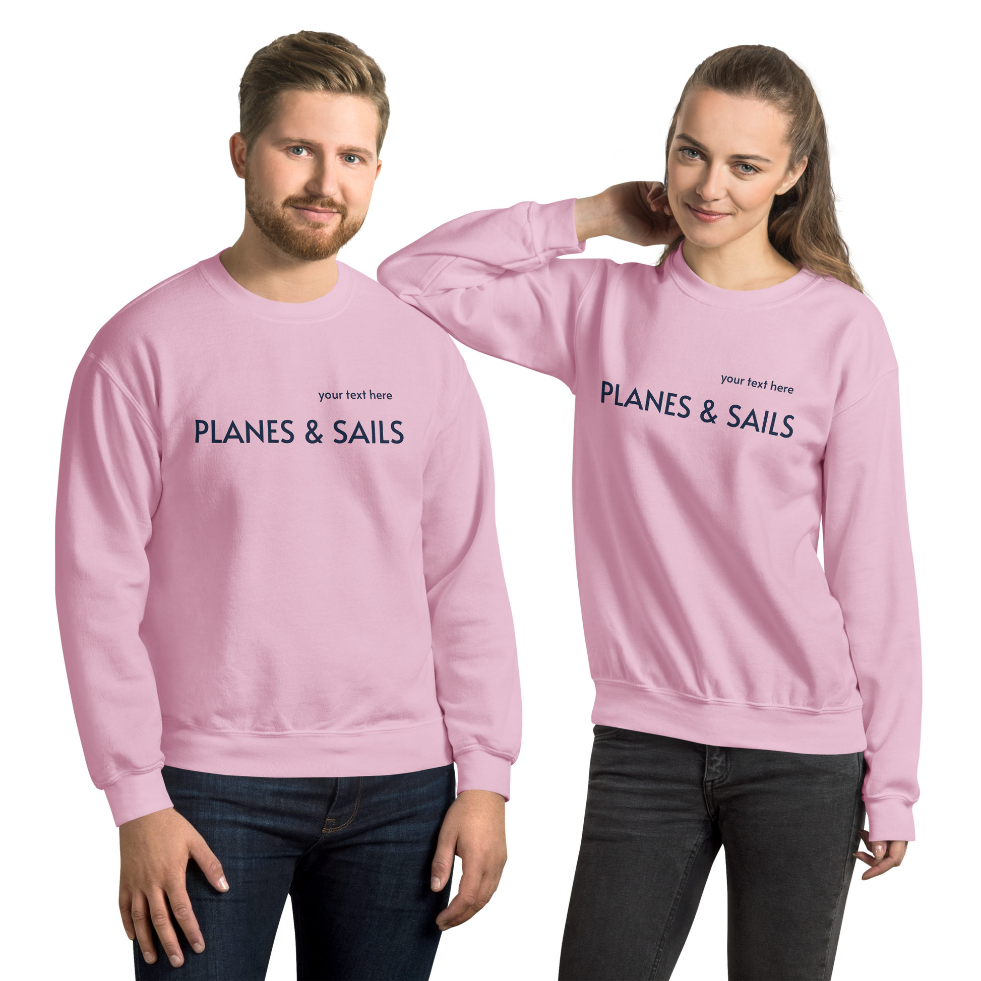 Pilots & Mariners Casual Wear: Navy Blue lettering of Planes & Sails across the pink sweatshirts' front with a small space above to customize it with one's own name.