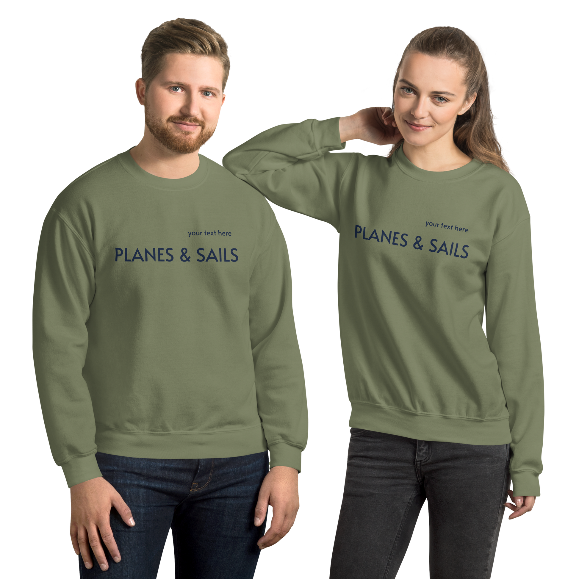 Pilots & Mariners Casual Wear: Navy Blue lettering of Planes & Sails across the military green sweatshirts' front with a small space above to customize it with one's own name.