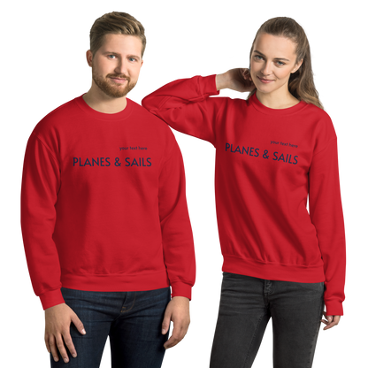 Pilots & Mariners Casual Wear: Navy Blue lettering of Planes & Sails across the red sweatshirts' front with a small space above to customize it with one's own name.