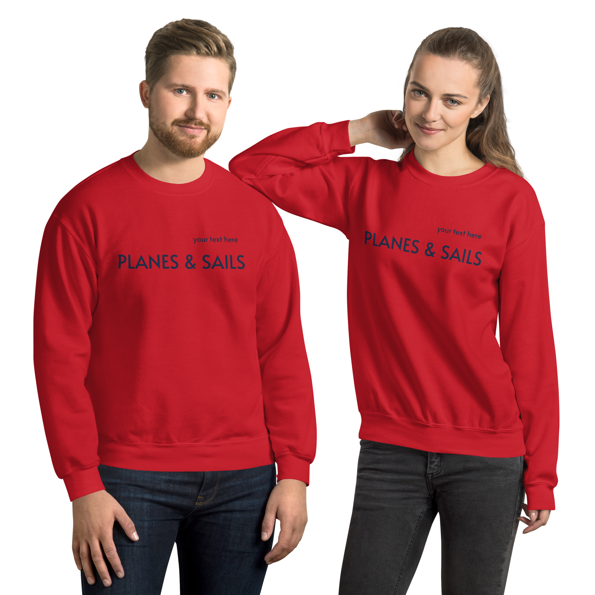 Pilots & Mariners Casual Wear: Navy Blue lettering of Planes & Sails across the red sweatshirts' front with a small space above to customize it with one's own name.