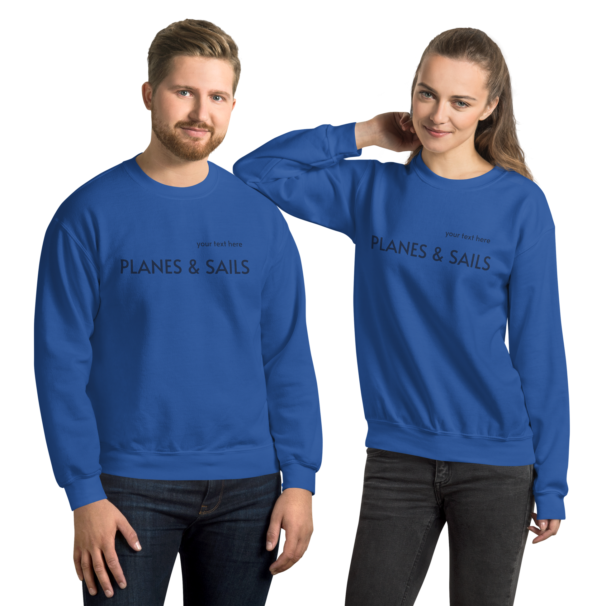 Pilots & Mariners Casual Wear: Navy Blue lettering of Planes & Sails across the Royal Blue sweatshirts' front with a small space above to customize it with one's own name.