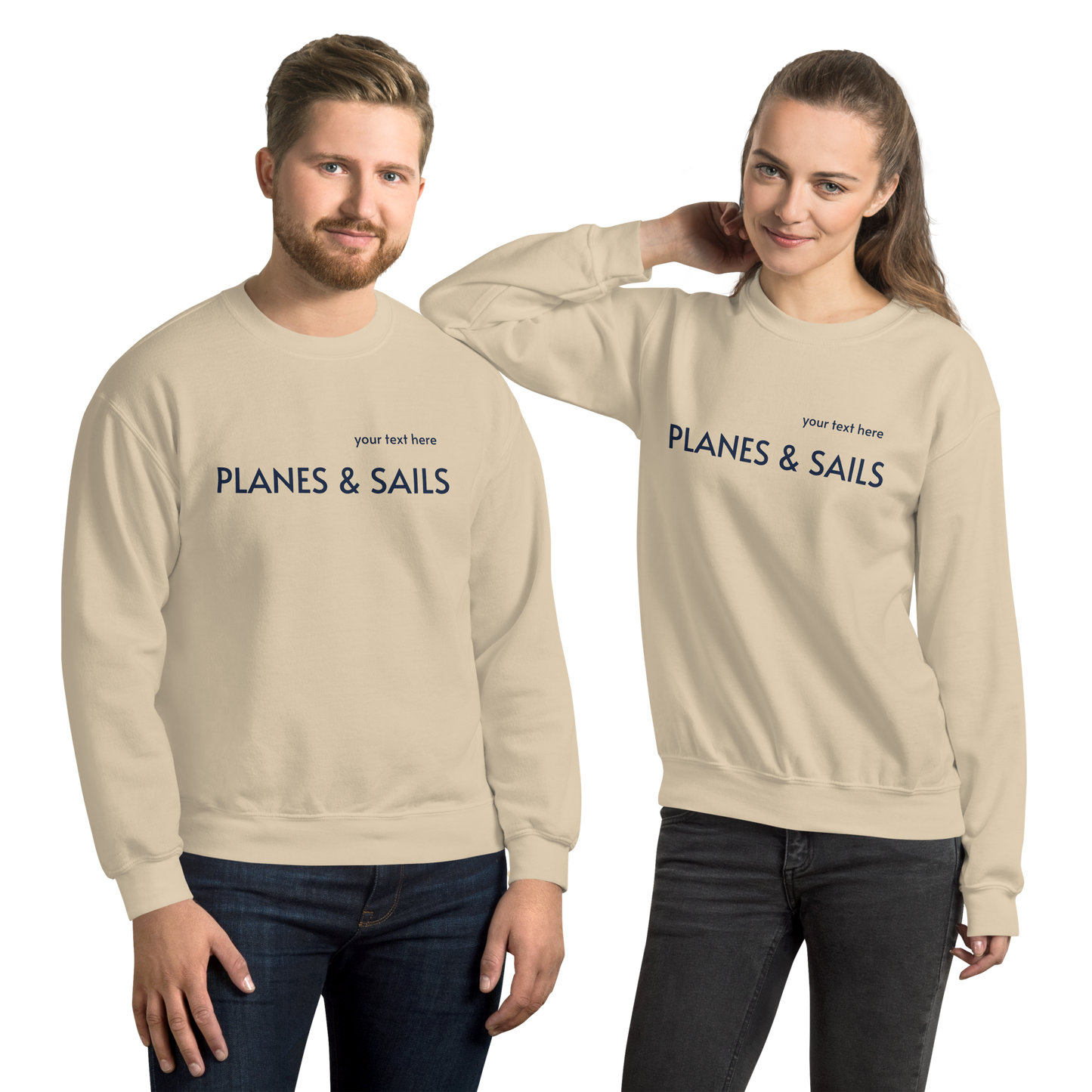 Pilots & Mariners Casual Wear: Navy Blue lettering of Planes & Sails across the sand sweatshirts' front with a small space above to customize it with one's own name.