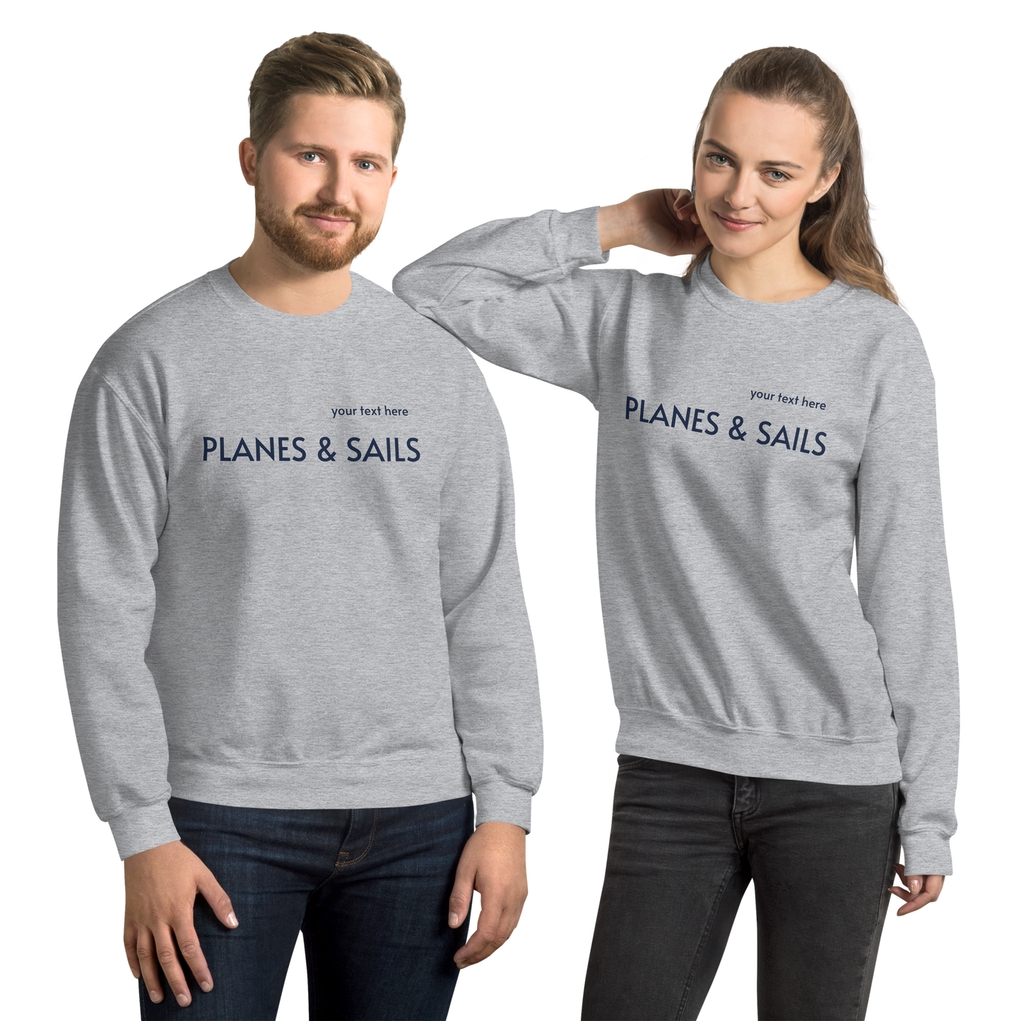 Pilots & Mariners Casual Wear: Navy Blue lettering of Planes & Sails across the sport grey sweatshirts' front with a small space above to customize it with one's own name.