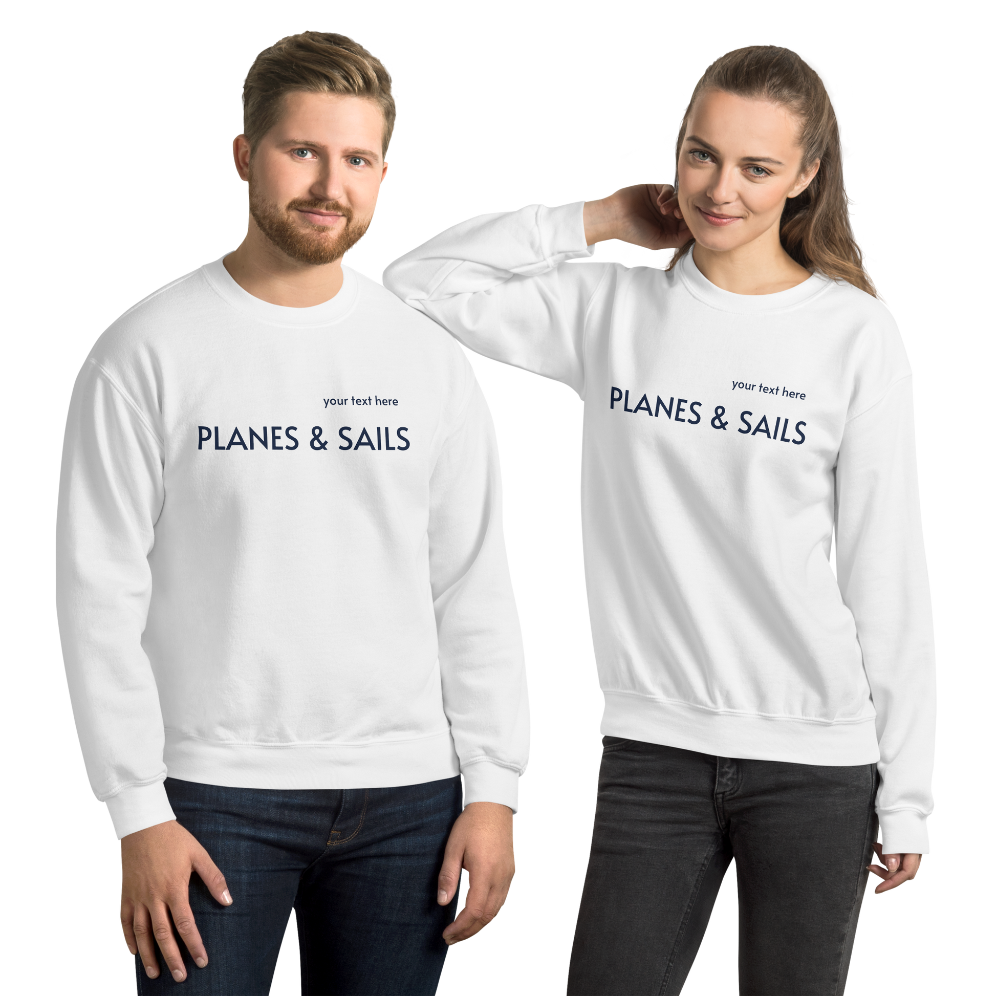 Pilots & Mariners Casual Wear: Navy Blue lettering of Planes & Sails across the white sweatshirts' front with a small space above to customize it with one's own name.