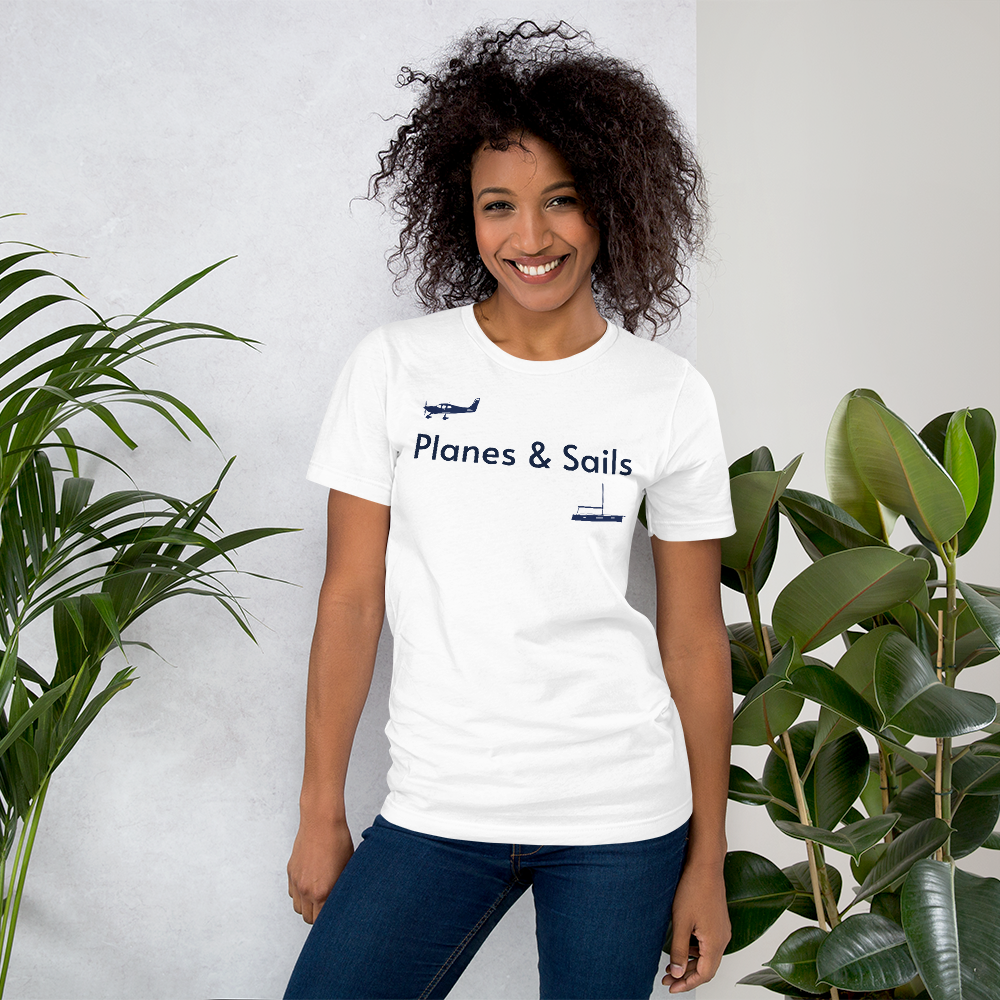 Pilots and mariners clothing: On a white coloured tee shirt a navy blue low wing single engine plane is printed on the right breast whereas there is a sailing boat below the left breast with the phrase planes and sails written inbetween the two.