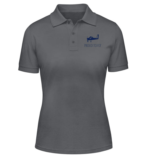 PILOT SHIRTS - BLUE TECNAM P92  PROUD TO FLY DESIGN ON WOMEN PILOTS' HEATHER GREY POLO SHIRT