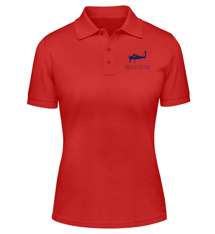 PILOT SHIRTS - BLUE TECNAM P 92  PROUD TO FLY  DESIGN ON WOMEN  PILOTS' FIRE RED  POLO SHIRT