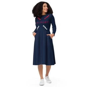 ladies long sleeve midi cut dress in navy blue with designs of two red Beechcraft Bonanza planes and two white planes  chasing each other from shoulder to waist with Co-Pilot written in red letters separating them and running from the right to the left breast.