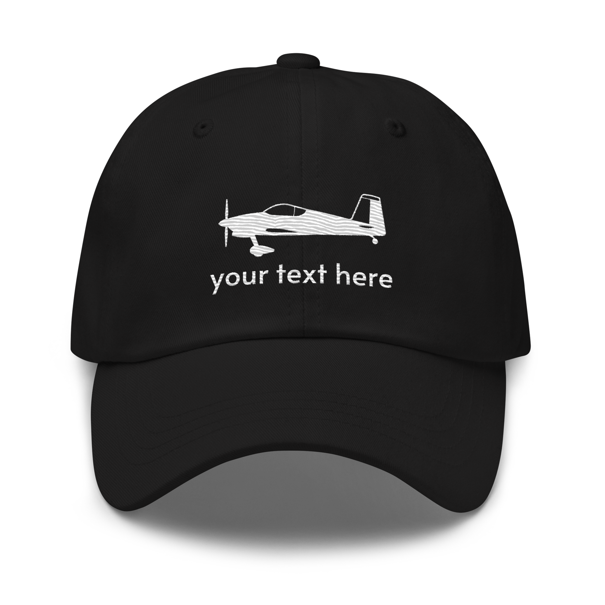 Pilots wear: White Vans RV aircraft customizable design embroidered on the front of a black baseball cap