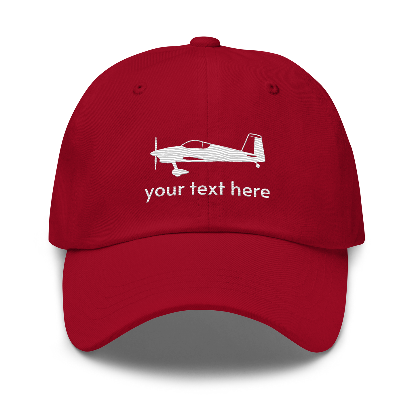 Pilots wear: White Vans RV aircraft customizable design embroidered on the front of a cranberry red baseball cap