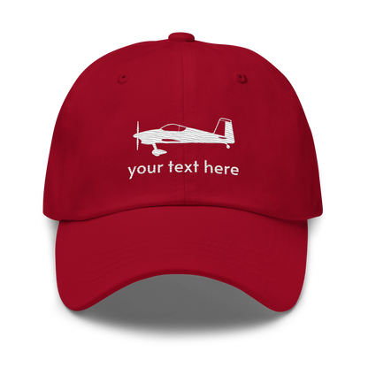 Pilots wear: White Vans RV aircraft customizable design embroidered on the front of a cranberry red baseball cap