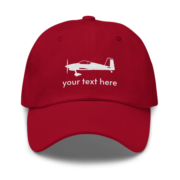 Pilots wear: White Vans RV aircraft customizable design embroidered on the front of a cranberry red baseball cap