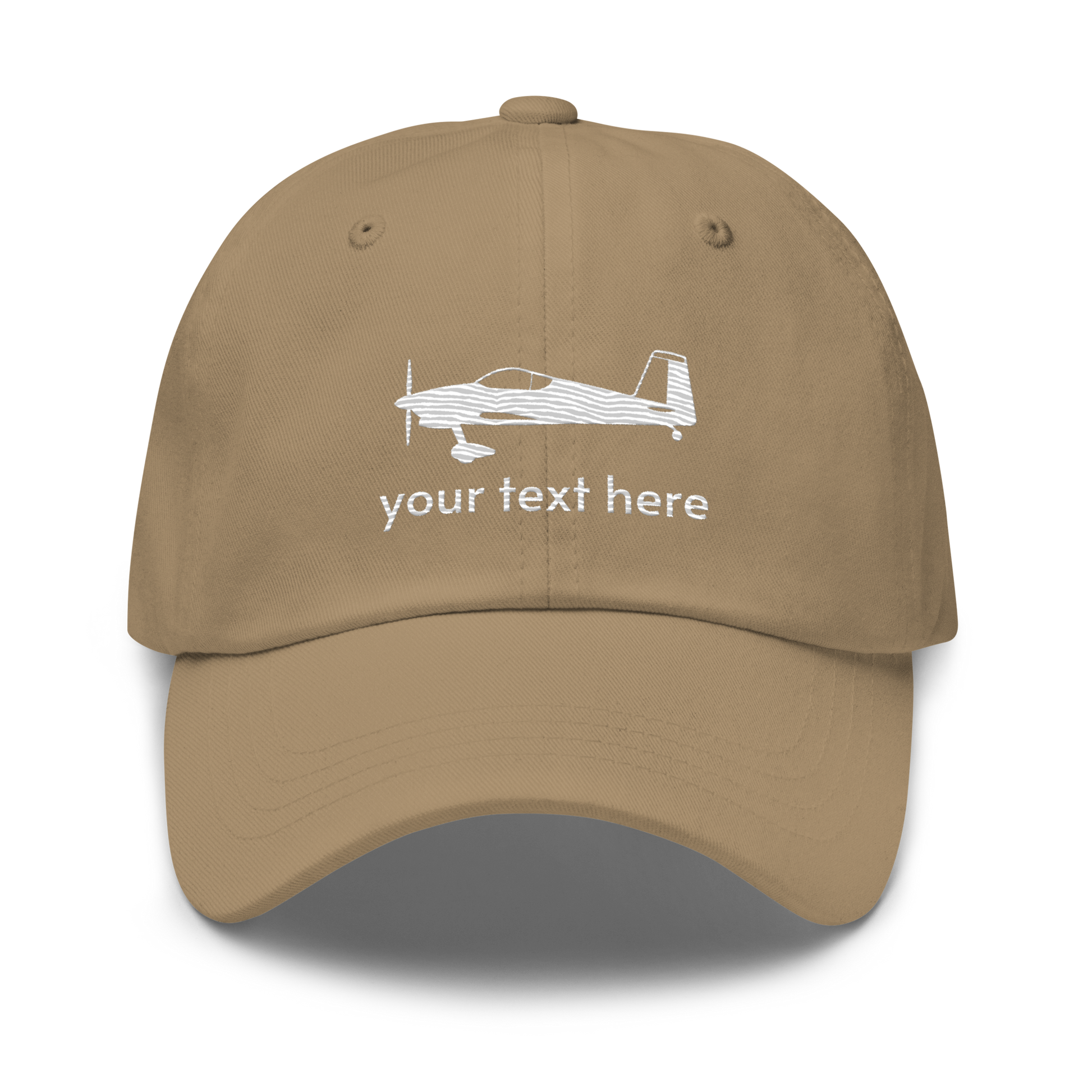 Pilots wear: White Vans RV aircraft customizable design placed on the front of a Khaki baseball cap