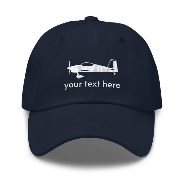 Pilots wear: White Vans RV aircraft customizable design embroidered on the front of a navy blue baseball cap