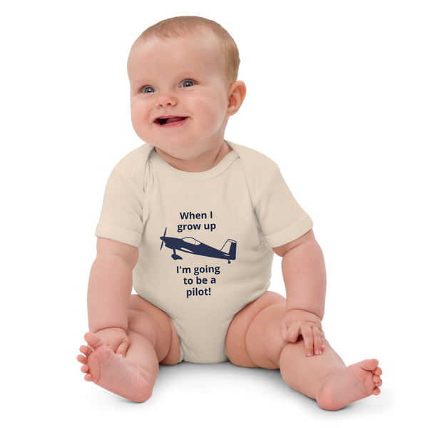 Baby Pilots wear: Organic cotton baby's bodysuit with an image of a navy blue single prop low wing aircraft surrounded by a sentence that says "when I grow up I'm going to be a pilot!"