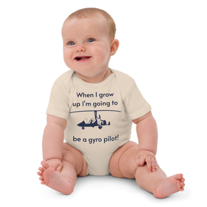 Baby Pilots wear: Organic cotton baby's bodysuit with an image of a navy blue weight shift aircraft surrounded by a sentence that says "when I grow up i'm going to be a gyro pilot!"