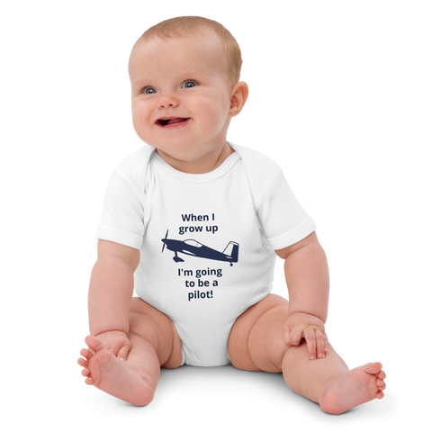 Baby Pilots wear: White cotton baby's bodysuit with an image of a navy blue single prop low wing aircraft surrounded by a sentence that says "when I grow up I'm going to be a pilot!"
