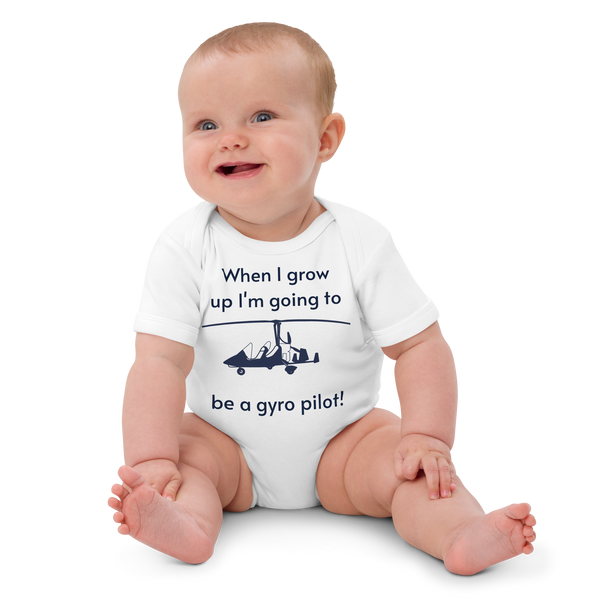 Baby Pilots wear: White cotton baby's bodysuit with an image of a navy blue weight shift aircraft surrounded by a sentence that says "when I grow up i'm going to be a gyro pilot!"