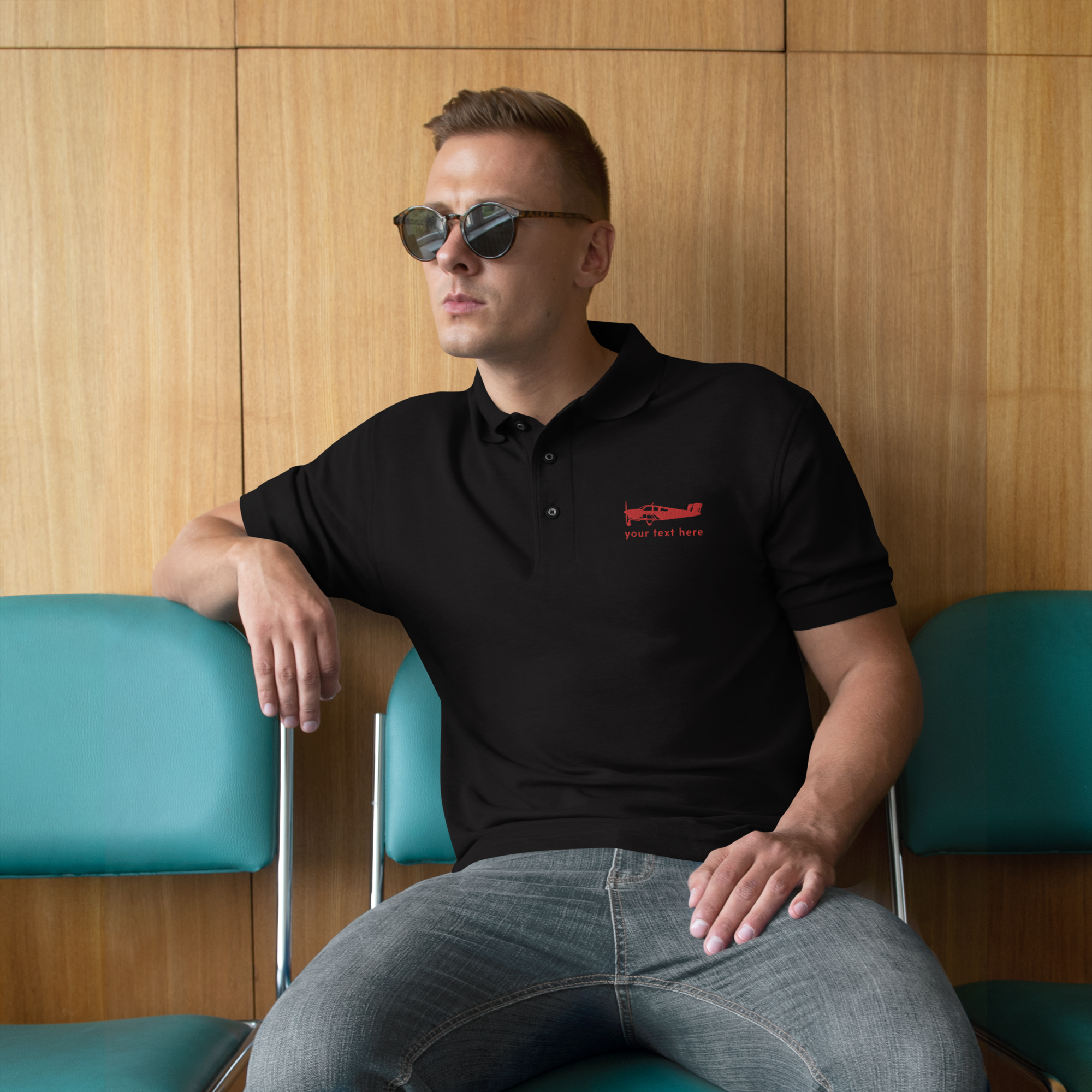 Pilots embroidered customizable Polo sporting a red Beechcraft design on a black polo shirt