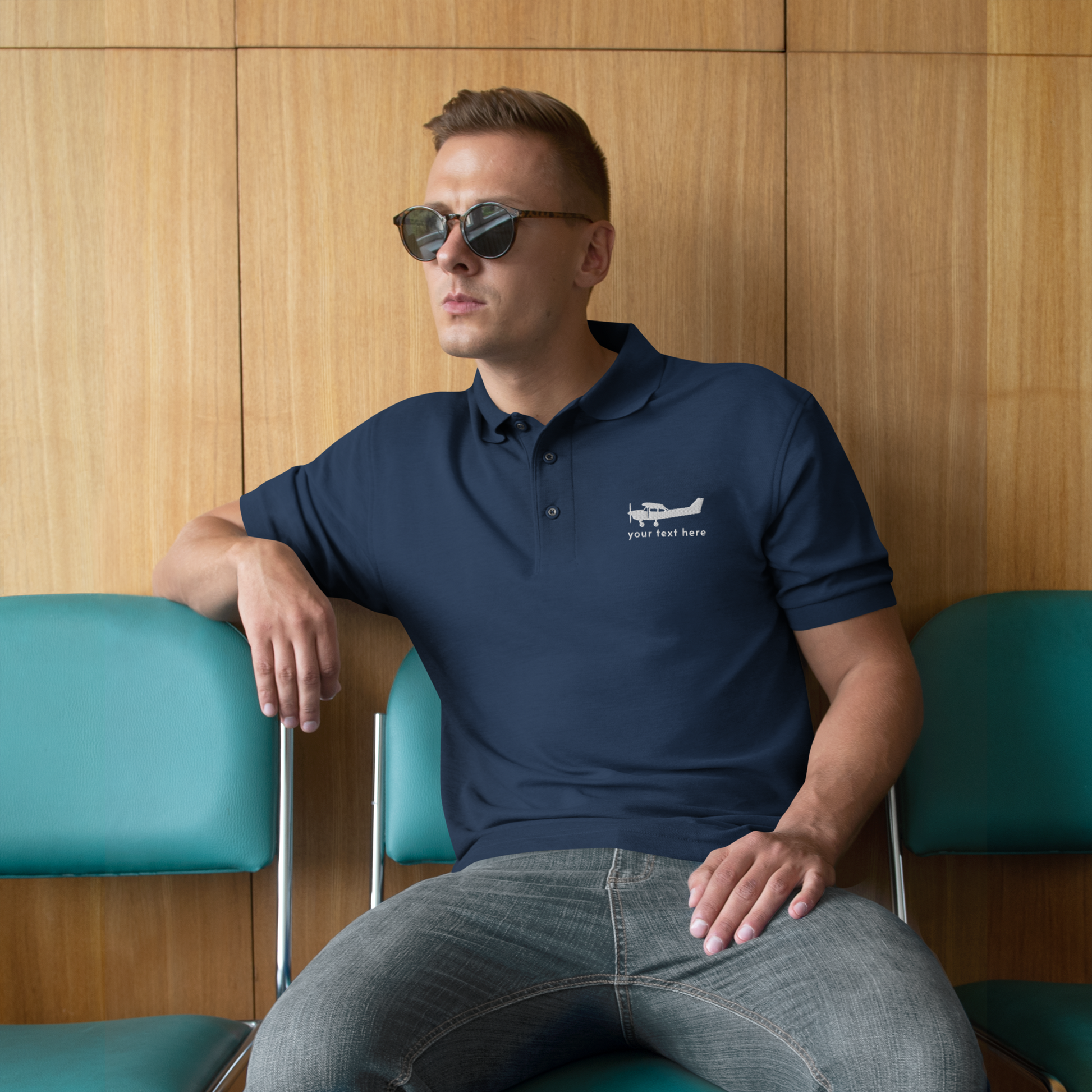 white Cessna 172 embroidered design on navy blue Polo shirt. 