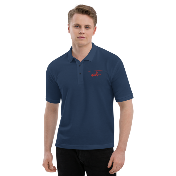 Pilots' wear : Red gyrocopter customizable design positioned on the left breast of a navy blue polo shirt.