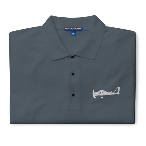 White Tecnam P92 aircraft embroidered design placed on the left breast of a dark grey polo shirt