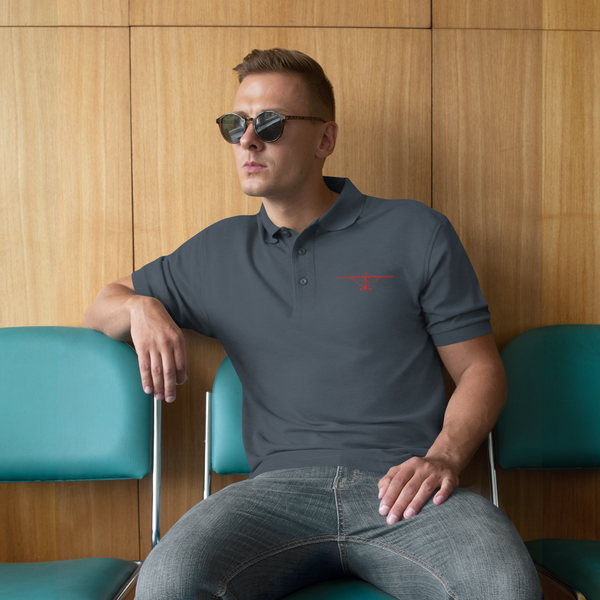 Pilot Shirts: Red embroidered weight shift aircraft design placed on the left breast of a dark grey polo shirt.