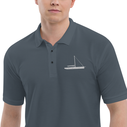 Sailing apparel: Asphalt grey polo shirt depicting a white embroidered sailing boat placed over the left breast.