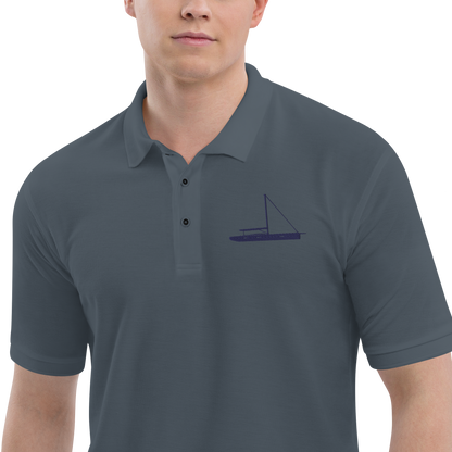 Sailing apparel: Asphalt grey polo shirt  with a navy blue sloop rigged sailing boat.