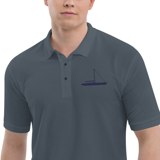 Sailing apparel: Asphalt grey polo shirt  with a navy blue sloop rigged sailing boat.