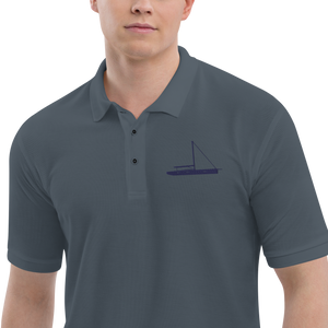 Sailing apparel: Asphalt grey polo shirt  with a navy blue sloop rigged sailing boat.