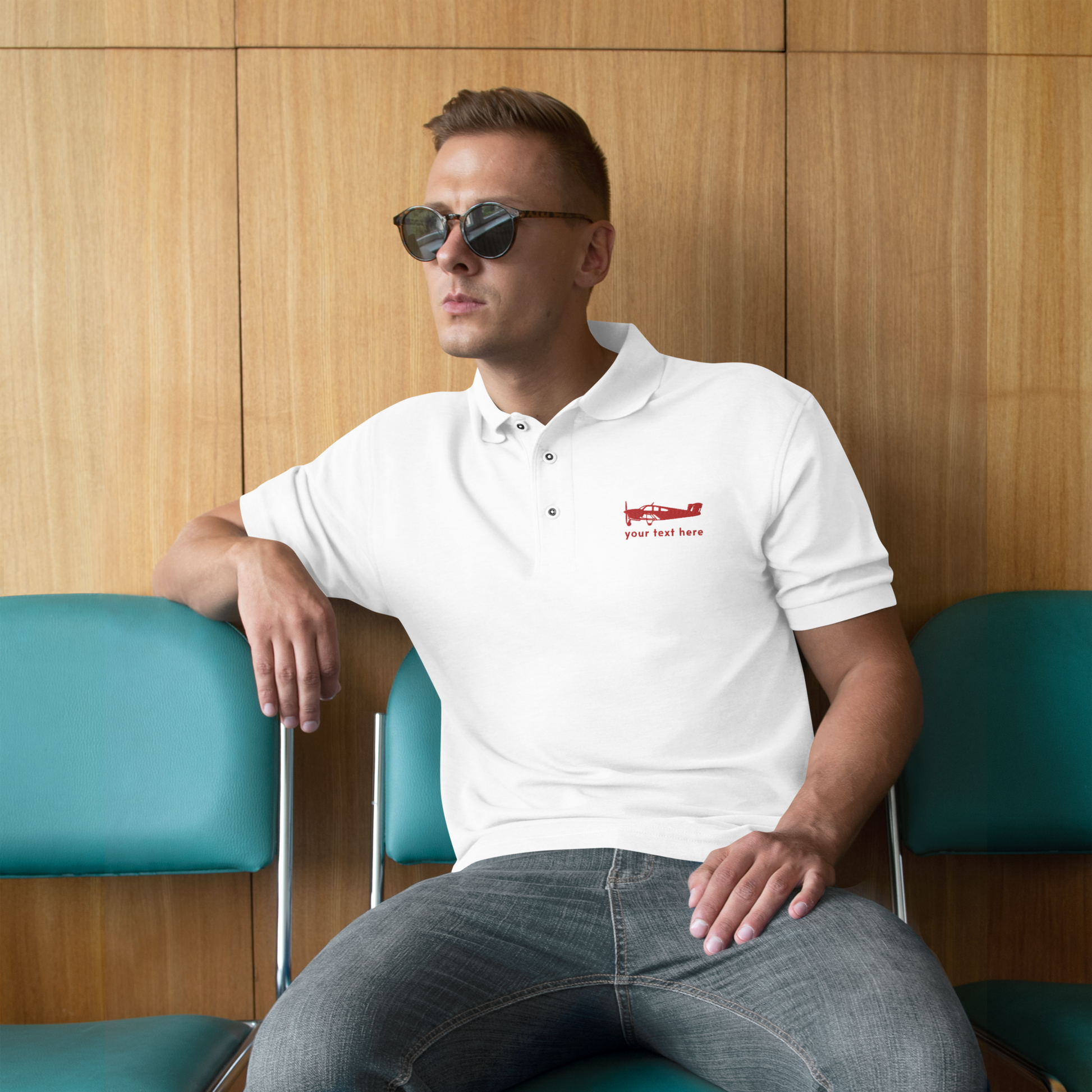 Pilots embroidered customizable red Beechcraft design on a white polo shirt