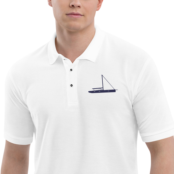 Sailing apparel: White polo shirt with a navy blue sloop rigged sailing boat.