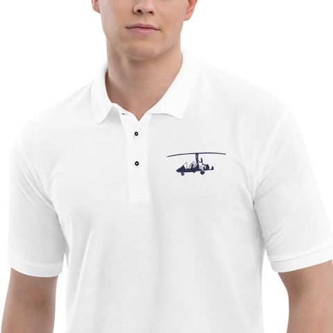 Pilots' wear : Navy blue gyrocopter customizable embroidered design positioned on the left breast of a white polo shirt.