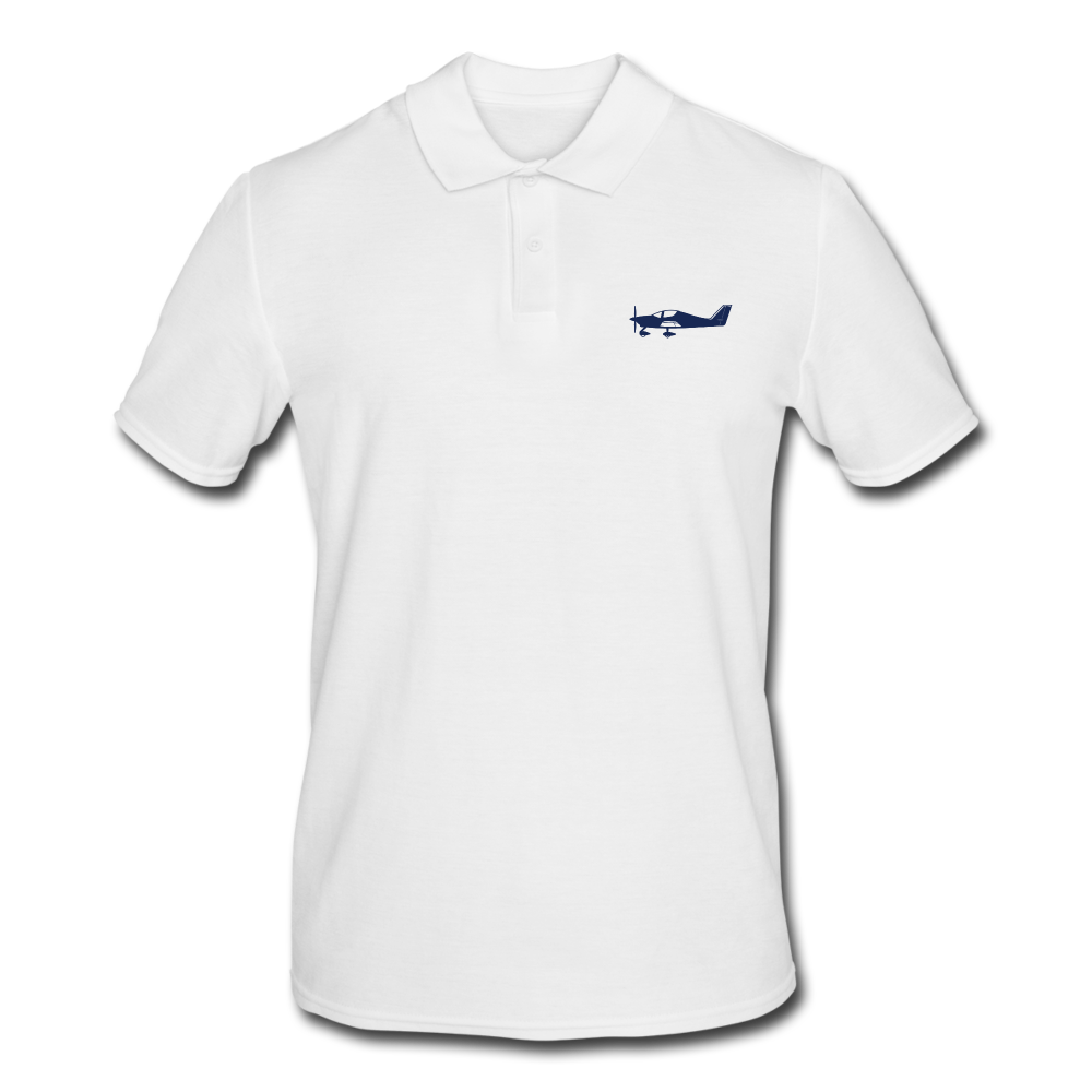 Navy blue Tecnam Sierra aircraft customizable printed design placed on the left breast of a white colour polo shirt.