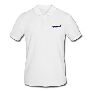 Navy blue Tecnam Sierra aircraft customizable printed design placed on the left breast of a white colour polo shirt.