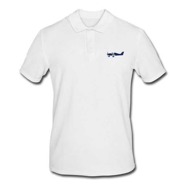 Navy blue Tecnam Sierra aircraft customizable printed design placed on the left breast of a white colour polo shirt.