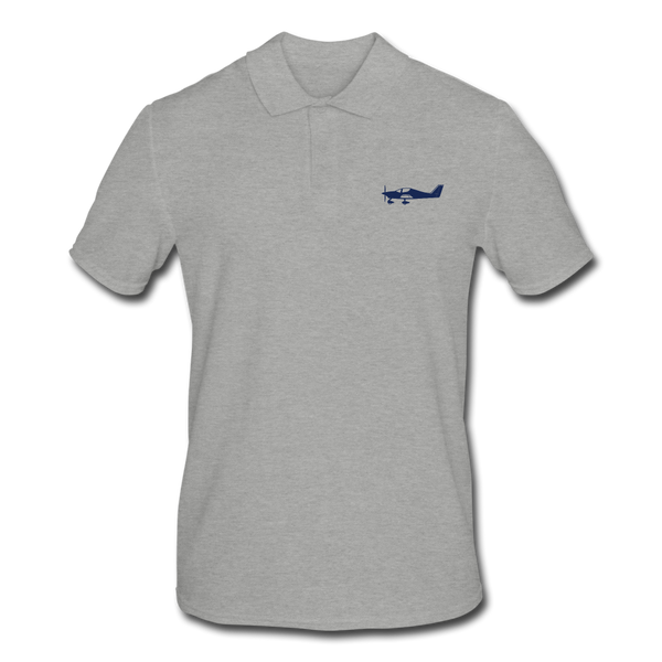 Navy blue Tecnam Sierra aircraft customizable printed design placed on the left breast of a light grey polo shirt.