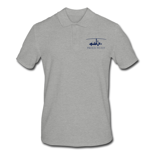 Pilot Shirts: Navy blue gyrocopter customizable design placed on the left breast of a light grey polo shirt above the following text: Proud to Fly.