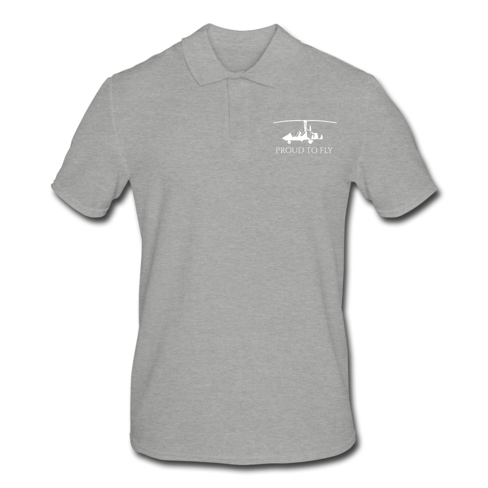 Pilot Shirts: White gyrocopter customizable design placed on the left breast of a light grey polo shirt above the following text: Proud to Fly.