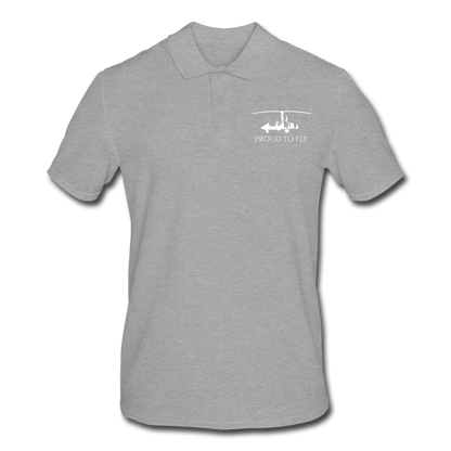 Pilot Shirts: White gyrocopter customizable design placed on the left breast of a light grey polo shirt above the following text: Proud to Fly.