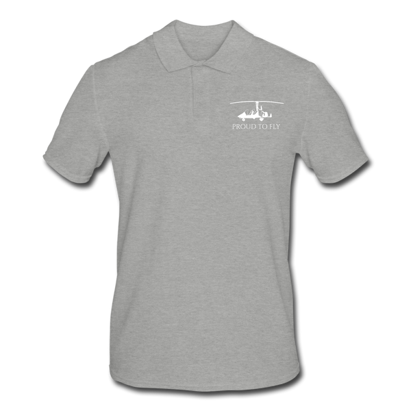 Pilot Shirts: White gyrocopter customizable design placed on the left breast of a light grey polo shirt above the following text: Proud to Fly.