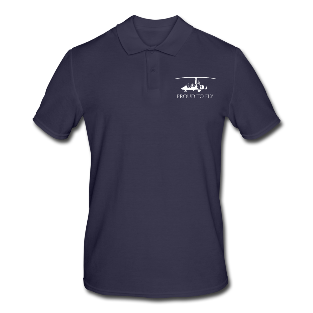 Pilot Shirts: White gyrocopter customizable design placed on the left breast of a navy blue polo shirt above the following text: Proud to Fly.