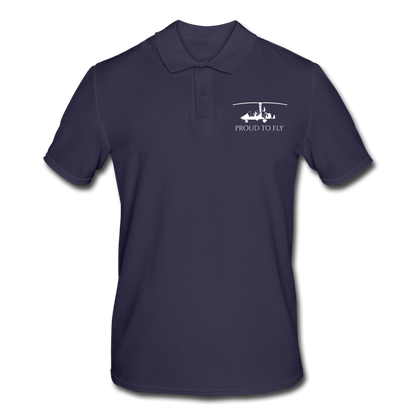 Pilot Shirts: White gyrocopter customizable design placed on the left breast of a navy blue polo shirt above the following text: Proud to Fly.