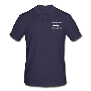 Pilot Shirts: White gyrocopter customizable design placed on the left breast of a navy blue polo shirt above the following text: Proud to Fly.