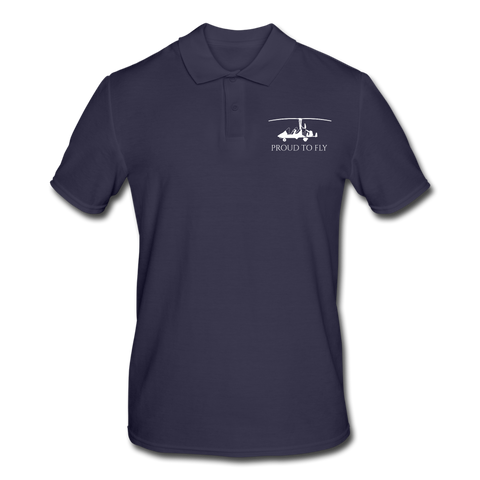 Pilot Shirts: White gyrocopter customizable design placed on the left breast of a navy blue polo shirt above the following text: Proud to Fly.